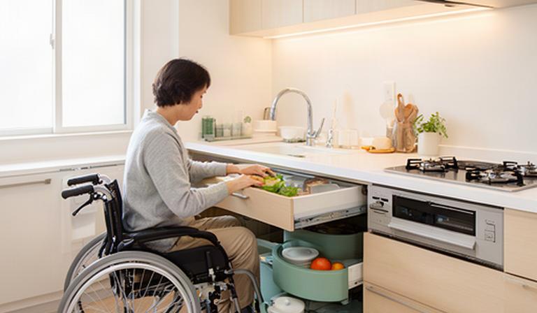 車いす利用者が使いやすい高さに調整した明るいキッチン
