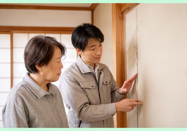 大分市の住宅で担当者が壁の状態を確認しながら相談を聞く様子
