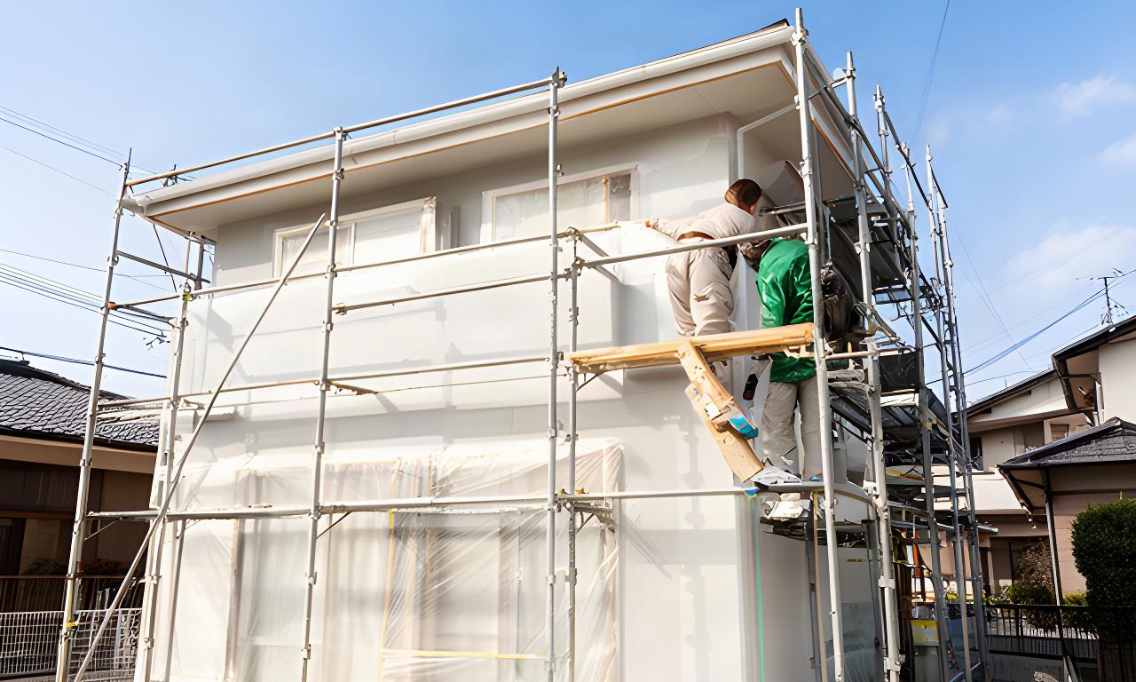 大分市の戸建て住宅で職人が外壁を塗装している様子、足場と青空が見える現場