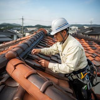 屋根の状態を確認する専門職人が大分の住宅で作業する様子