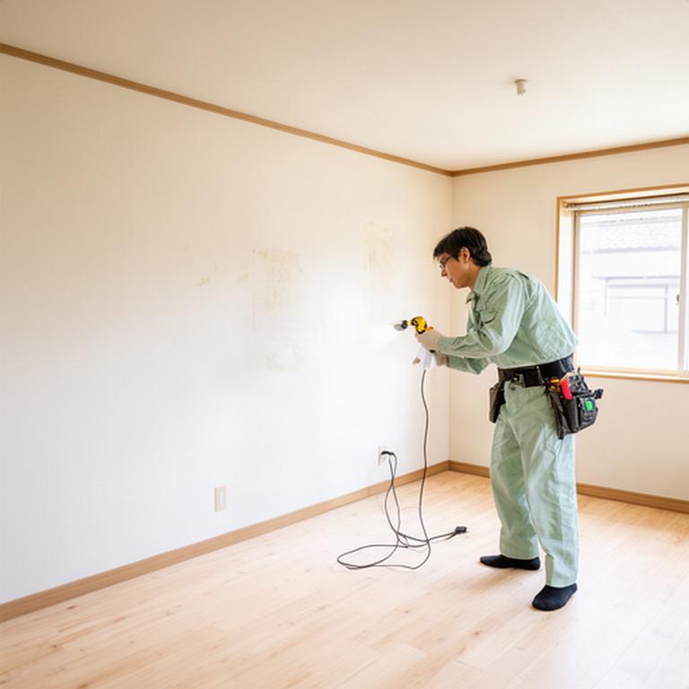 大分市の空き家の明るい室内を確認する住宅修理スタッフ
