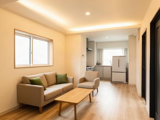 空き家再生で外壁と室内設備を整えた住宅のリビング