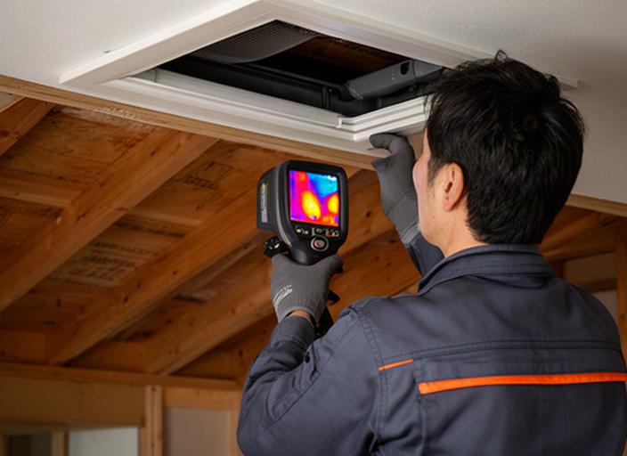 住宅の屋根裏を点検口から確認する専門スタッフ、赤外線調査機器を使った現地調査