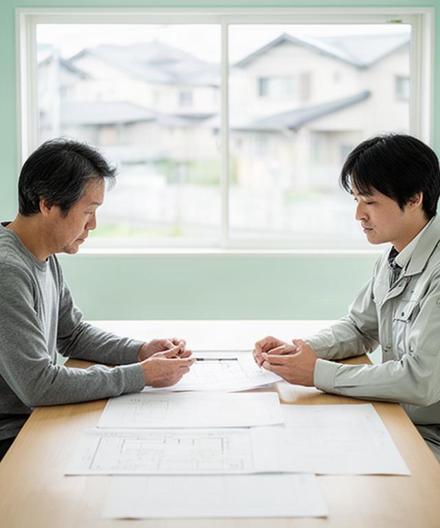 大分市の住宅で工事内容を確認する施主と担当者、テーブル上の見積書と図面