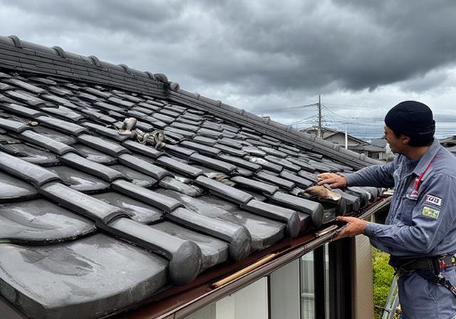台風対策のため大分市の住宅屋根と雨樋を点検する職人、曇り空の現場