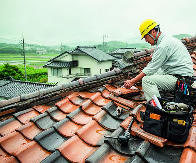 大分市の戸建て住宅で瓦屋根を点検する職人、雨上がりの屋根と工具